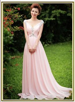 Picture of Pink Chiffon Beaded V-neckline Long Party Dresses Formal Dresses, A-line Chiffon Evening Dresses Pink Formal Dresses